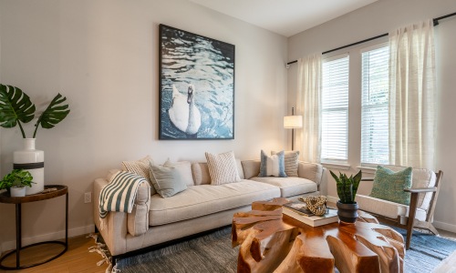 Bright apartment living room at Solano Belleair featured in virtual apartment tours
